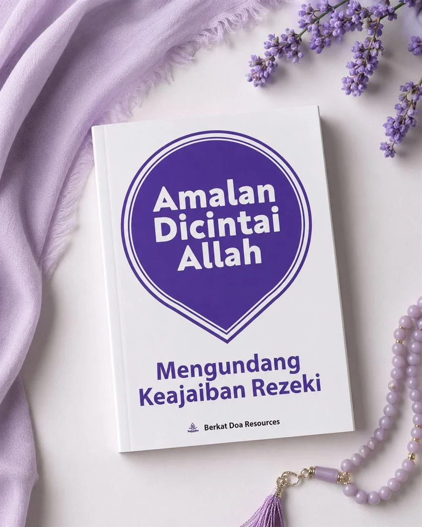 Buku Amalan Dicintai Allah bersama kain lavender dan tasbih